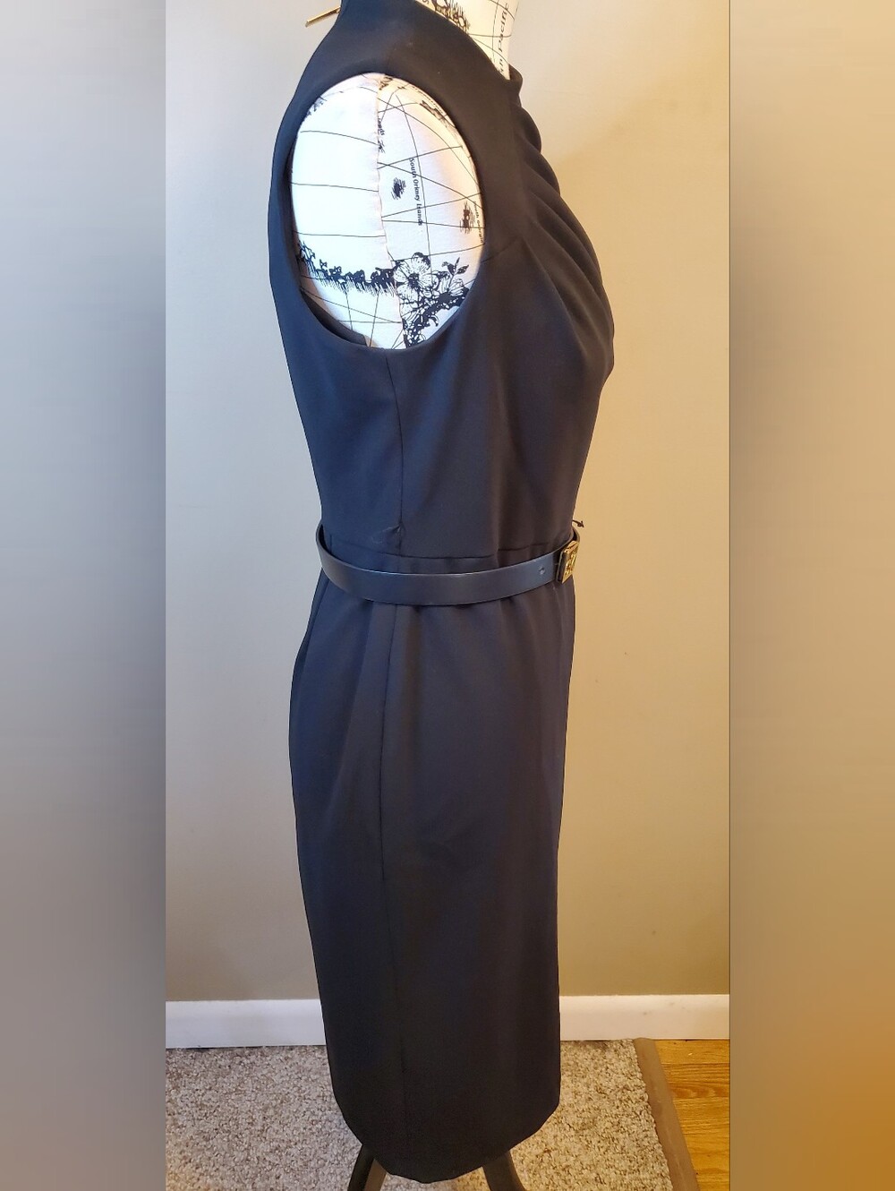 Calvin Klein Womens Size 6 Black Sheath Pencil Dress Belted Gold Zip Career Offi - Picture 5 of 8